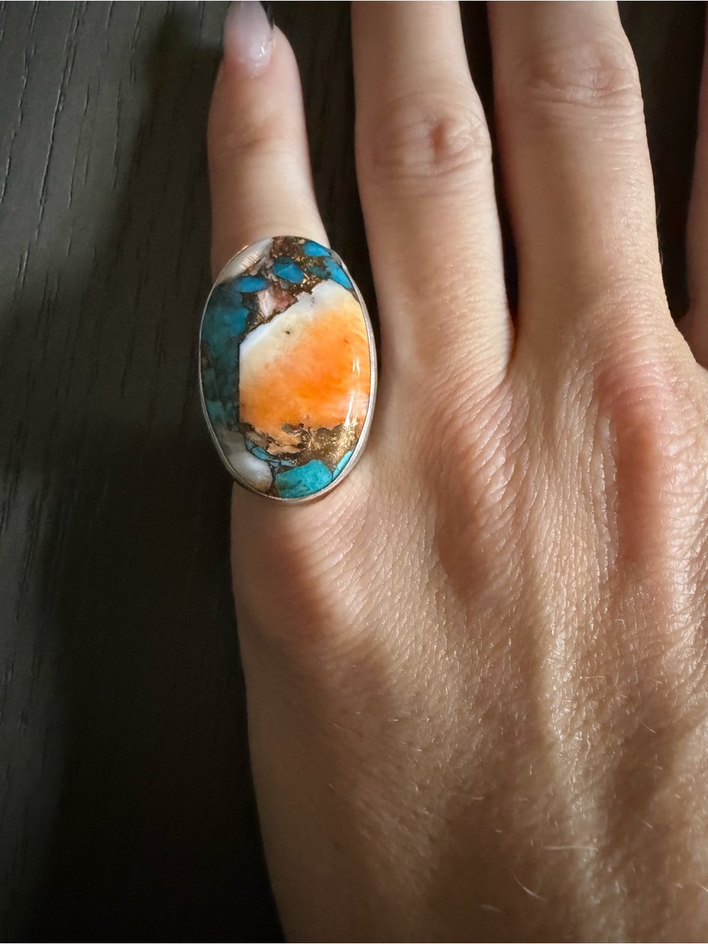 Turquoise & Orange Oval Gemstone Ring - Women Jewelry